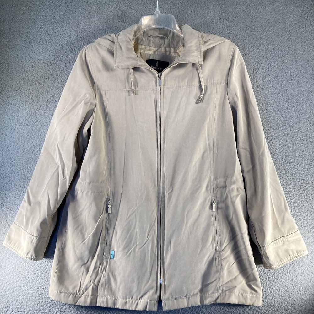 London Fog Jacket Women's Large Beige Hooded Pockets Logo Casual Winter